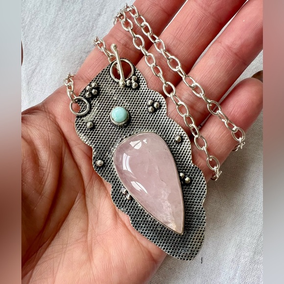 Jewelry - 925 Rose Quartz + Larimar Statement Toggle Necklace